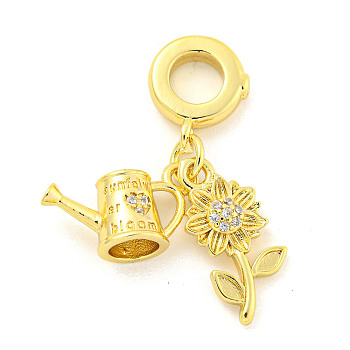 Rack Plating Brass Micro Pave Cubic Zirconia European Dangle Charms, Large Hole Pendants, Cadmium Free & Lead Free, Long-Lasting Plated, Real 18K Gold Plated, Flower, 30mm, Hole: 5mm