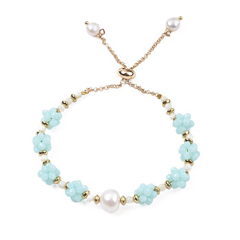 Natural Pearl & Glass Braided Slider Bracelet, Beaded Crochet Adjustable Bracelet for Women, Turquoise, Inner Diameter: 1-3/4 inch(4.5cm)
