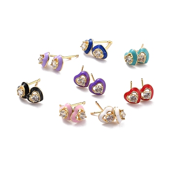 Heart Sparkling Cubic Zirconia Stud Earrings for Her, Real 18K Gold Plated Brass Enamel Earrings, Mixed Color, 6.5x7.5x3.5mm, Pin: 0.8mm