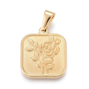 Valentine's Day 304 Stainless Steel Pendants, Square with Rose, Golden, 20.5x17.5x2mm, Hole: 3x6.5mm