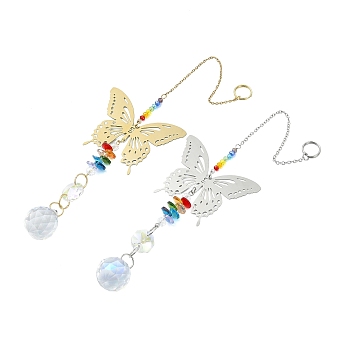 2Pcs 2 Colors 201 Stainless Steel Butterfly Shape & Rainbow Crystal Glass Hanging Suncatcher, Golden & Stainless Steel Color, 243mm, 1pc/color