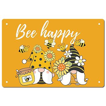 Tinplate Sign Poster, Horizontal, for Home Wall Decoration, Rectangle with Word Bee Happy, Gnome Pattern, 200x300x0.5mm