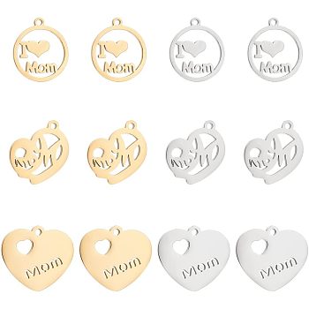 Unicraftale 12Pcs 6 Style 304 Stainless Steel Pendants, Mixed Shapes, for Mother's Day, Flat Round & Heart, Golden & Stainless Steel Color, 17.5~19x15.5~20x1~1.5mm, Hole: 1.4~1.6mm, 2pcs/style