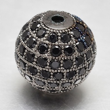 14mm Black Round Brass+Cubic Zirconia Beads