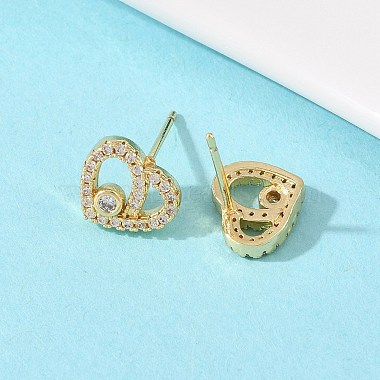Brass Micro Pave Clear Cubic Zirconia Heart Stud Earrings(EJEW-F400-28B-G)-2