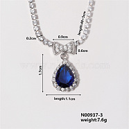 Fashion Brass Rhinestone Pendant Necklace for Women, with Rhinestone Cup Chains, Teardrop, Sapphire, Platinum, 15.75 inch(400mm)(HY3513-3)