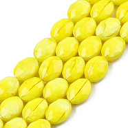 Opaque Solid Color Glass Beads Strands, Faceted, Oval, Yellow, 16x12x7mm, Hole: 1~1.2mm, about 25pcs/strand, 14.96 inch(38cm)(X-GLAA-N032-02M)