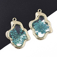 Epoxy Resin Pendants, with Dried Flower Inside and Light Gold Plated Alloy Open Back Bezel, Nuggets, Dark Turquoise, 35x26x1.5mm, Hole: 1.6mm(X-RESI-T045-028A)