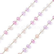 Handmade Glass Beaded Chains, Faceted, Unwelded, with 304 Stainless Steel Chains, Golden, Round, Pearl Pink, 3x2.5mm(CHS-P016-46G-01)
