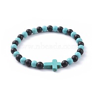 Natural Sandalwood Beads Stretch Bracelets, with Synthetic Turquoise(Dyed) Beads, Cross, Turquoise(Dyed), 2-1/4 inch(5.6cm)(BJEW-JB04679-02)