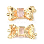 Brass Pave Cubic Zirconia Connector Charms, Real 18K Gold Plated, Bowknot Links, Pink, 11x23x4.5mm, Hole: 1mm(KK-L208-01G-06)