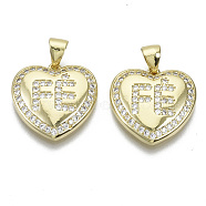 Brass Micro Pave Cubic Zirconia Pendants, with Snap on Bail, Nickel Free, Heart with Letter, Clear, Real 18K Gold Plated, 17x17x3.5mm, Hole: 4.5x3.5mm(ZIRC-S061-192G-NF)