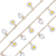 Handmade Golden Brass Bar Link Chains, with Enamel Flower & Natural Pearl Heart Charms, Unwelded, with Spool, Nickel Free, Yellow, 4x2x0.5mm, about 16.40 Feet(5m)/Roll(CHC-N021-05)