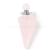 Natural Rose Quartz Faceted Cone Openable Perfume Bottle Big Pendants, with 304 Stainless Steel Findings, Stainless Steel Color, 49.5~51.5x18.5x18.5mm, Hole: 1.8mm(G-L524-18P-12)