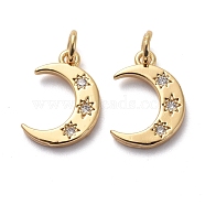 Brass Micro Pave Clear Cubic Zirconia Charms, with Jump Rings, Moon with Star, Golden, 13.5x9.5x1.5mm, Hole: 3mm(KK-I658-12G)