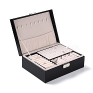 PU Imitation Leather Jewelry Organizer Box with Lock, Double Stackable Jewelry Case for Earrings, Ring, and Necklace, Rectangle, Black, 23x17.5x8.9cm(CON-P016-B03)