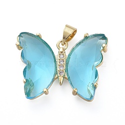 Brass Micro Pave Clear Cubic Zirconia Pendants, with Glass, Butterfly, Golden, Light Cyan, 20x26.5x5mm(ZIRC-P079-A01-10)