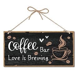 Printed Wood Hanging Wall Decorations, for Front Door Home Decoration, with Jute Twine, Rectangle with Word, Coffee Pattern, 300x150mm(WOOD-WH0115-13O)