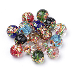 Flower Pattern Printed Round Glass Beads, Mixed Color, 11~12x11mm, Hole: 1.5mm(GFB-Q001-12mm-B)