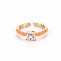 Brass Enamel Cuff Rings, Open Rings, Solitaire Rings, with Clear Cubic Zirconia, Nickel Free, Square, Golden, Dark Orange, US Size 7(17.3mm)(RJEW-T016-32D-NF)