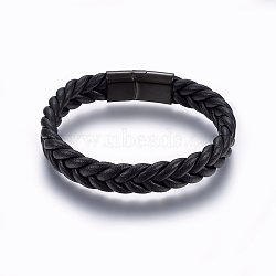 Leather Braided Cord Bracelets, 304 Stainless Steel Magnetic Clasp, Rectangle, Gunmetal, Black, 8-5/8 inch(22cm), 13x6mm(BJEW-E345-14A-B)