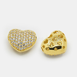 Hollow Heart Brass Cubic Zirconia Beads, Golden, 12x13.5x8mm, Hole: 1mm(ZIRC-F001-136G)