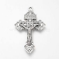 Tibetan Style Alloy Big Pendants, For Easter, Crucifix Cross with Word, Cadmium Free & Lead Free, Antique Silver, 55.5x34x8mm, Hole: 3mm(TIBE-Q072-06AS-RS)