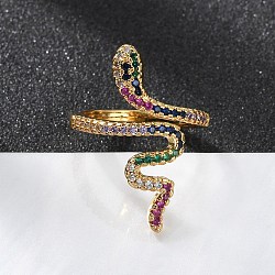 Brass Micro Pave Cubic Zirconia Cuff Rings, Open Rings, Snake, Colorful, Size 6, 16mm(X-RJEW-S044-049)