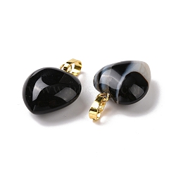 Natural Black Agate Pendants, with Golden Tone Brass Findings, Puffy Heart Charm, Dyed & Heated, 18x15~15.5x6~8mm, Hole: 6x3mm(G-I311-A16-G)