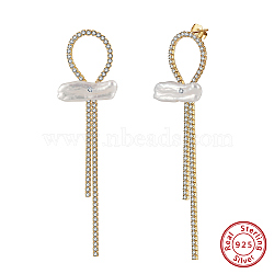 925 Sterling Silver Bowknot Dangle Stud Earrings with Natural Pearl, Cubic Zirconia Tennis Tassel Earrings, Real 14K Gold Plated, 85x18mm(EJEW-Z041-10G)