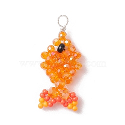 Faceted Glass Pendants, Fish, with Silver Copper Wire & Seed Beads, Orange, 33x15x6.5mm, Hole: 3mm(PALLOY-MZ00661-01)
