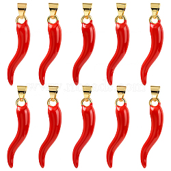 10Pcs Brass Enamel Pendants, Cadmium Free & Lead Free, Horn of Plenty/Italian Horn Cornicello Charms, Long-Lasting Plated, Red, 26.5x6.5x5.5mm, Hole: 4x3.3mm(KK-SC0006-88)
