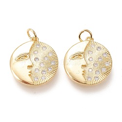 Brass Micro Pave Clear Cubic Zirconia Pendants, with Jump Rings, Long-Lasting Plated, Flat Round with Moon, Golden, 20x17.5x2.5mm, Hole: 3.5mm(X-ZIRC-I044-34G)