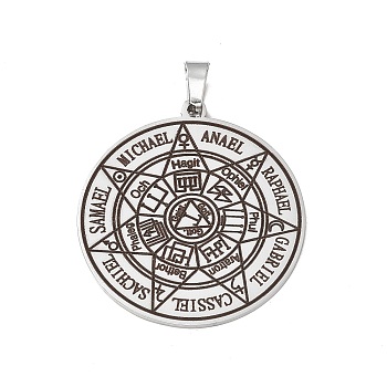 304 Stainless Steel Pendants, Flat Round with The Seven Archangels Charm, Stainless Steel Color, 38x35x1.5mm, Hole: 7.5x4mm