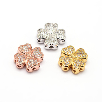 Clover Brass Micro Pave Cubic Zirconia Beads, Clear, Mixed Color, 14x14x5mm, Hole: 1mm