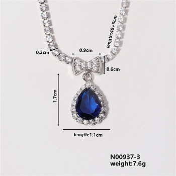 Fashion Brass Rhinestone Pendant Necklace for Women, with Rhinestone Cup Chains, Teardrop, Sapphire, Platinum, 15.75 inch(400mm)