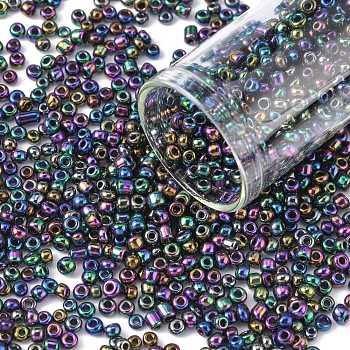 8/0 Glass Seed Beads, Iris Round, Peacock Blue, Iabout 3mm in diameter, hole: 0.8mm, about 10000pcs/bag