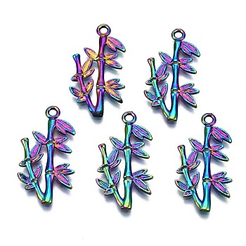Alloy Pendants, Cadmium Free & Nickel Free & Lead Free, Bamboo and Leaf, Rainbow Color, 28.5x15x1.5mm, Hole: 1.8mm