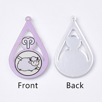 Acrylic Pendants, PVC Printed on the Front, Film and Mirror Effect on the Back, teardrop, with Constellation, Aries, Aries, 29.5x18x2mm, Hole: 1.5mm
