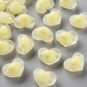 Transparent Acrylic Beads, Frosted, Bead in Bead, Heart, Light Yellow, 13x17x9.5mm, Hole: 2.5mm