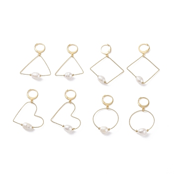 Large Geometry Wire Dangle Hoop Earrings, Pearl Beaded Drop Earrings for Women, Golden, Seashell Color, 44.5mm, Pin: 0.85mm, 4pair/set