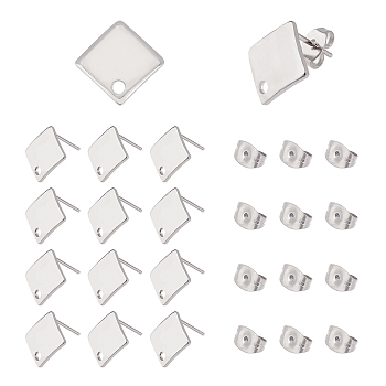 304 Stainless Steel Stud Earring Findings, with Loop and Ear Nuts, Rhombus, Stainless Steel Color, Stud Earring Findings: 13.5x13.5x2mm, Side Length: 10x10mm, Hole: 1.5mm, Pin: 0.8mm, 50pcs/box,
Ear Nuts: 6x4.5x3mm, hole: 0.8~1mm, 50pcs/Box