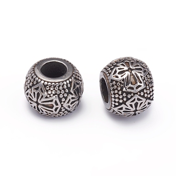304 Stainless Steel European Beads, Large Hole Beads, Rondelle with Cross, Antique Silver, 10.5x13.5mm, Hole: 5.5mm