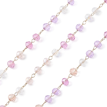 Handmade Glass Beaded Chains, Faceted, Unwelded, with 304 Stainless Steel Chains, Golden, Round, Pearl Pink, 3x2.5mm