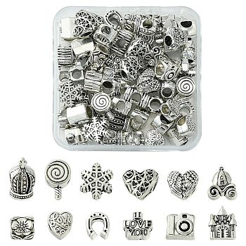 60Pcs 12 Style Tibetan Style Alloy European Beads, Large Hole Beads, Mixed Shapes, Antique Silver, 9~14.5x8.5~13.5x6.5~9mm, Hole:  4~5.7mm, 5pcs/style