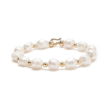 Natural Keshi Pearl Beaded Bracelet with Brass Clasp for Women, Golden, 7-7/8 inch(20cm)
