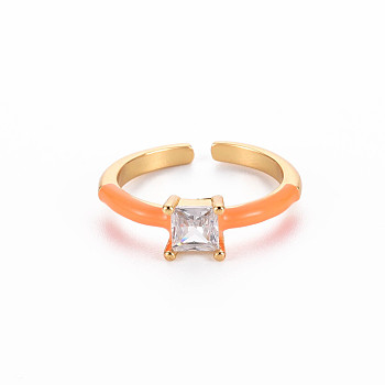Brass Enamel Cuff Rings, Open Rings, Solitaire Rings, with Clear Cubic Zirconia, Nickel Free, Square, Golden, Dark Orange, US Size 7(17.3mm)