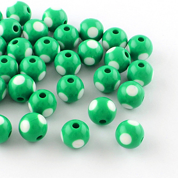 Dot Pattern Opaque Acrylic Beads, Round, Spring Green, 11~12x11mm, Hole: 3mm, about 550pcs/500g