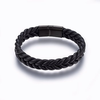Leather Braided Cord Bracelets, 304 Stainless Steel Magnetic Clasp, Rectangle, Gunmetal, Black, 8-5/8 inch(22cm), 13x6mm