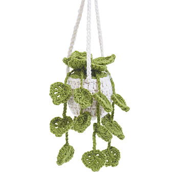 Potted Plants Crochet Orchid Hanging Ornament, for Car Rear View Mirror Accessories, Dark Olive Green, 330x130x85mm